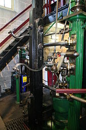 Beam engine with tappet block on the vertical plug rod. The tappet block acts on the curved horn beneath it. Leawood Pump (geograph 2682446).jpg