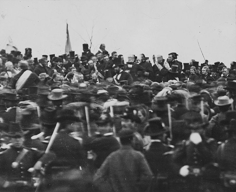 One of the two confirmed photos of Lincoln[1][2][3] (center, facing camera) at Gettysburg, taken about noon, just after he arrived and some three hours before his speech. To his right is his bodyguard, Ward Hill Lamon.