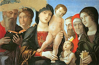 Անդրեա Մանտենյա Մարիամն ու մանուկը սրբերով շրջապատված, 1500, 61.5 x 87.5 սմ