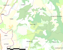 Mapa elementar mostrando os limites do município, municípios vizinhos, zonas de vegetação e estradas