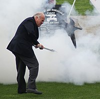 Wayne Wright sets off an anvil shot during the 2008 Ancient and Honourable Hyack Anvil Battery Salute.