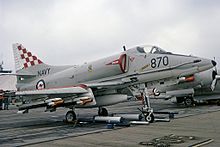 A-4G 870 on display at an airshow in 1977. This aircraft was destroyed as the result of an engine failure in 1979. McDonnell Douglas A-4G Skyhawk, Australia - Navy AN2129470.jpg