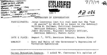 7 August 1979 United States embassy in Argentina memorandum of the conversation with Jorge Contreras, director of Task Force 7 of the Reunion Central section of the 601 Army Intelligence Unit, which gathered members from all parts of the Argentine Armed Forces (subject: "Nuts and Bolts of the Government's Repression of Terrorism-Subversion")[152]