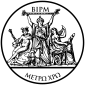 Sello BIPM: tres mujeres, una sosteniendo una vara de medir