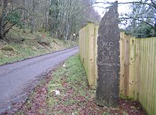 Memorial to William Chisholm of Strathglass, who fell at Culloden, and his wife, the war poetess Catriona Nic Fhearghais, at the site of their home, near Struy. Mo Run Geal Og (geograph 2763975).jpg