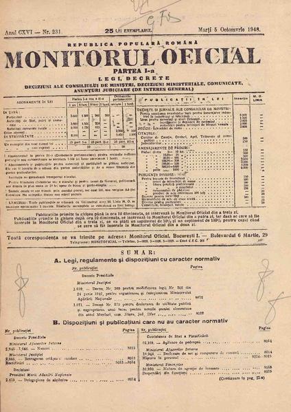 File:Monitorul Oficial al României. Partea 1 1948-10-05, nr. 231.pdf