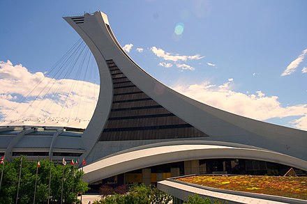 Full view of the Montreal Olympic Stadium's mast from the side
