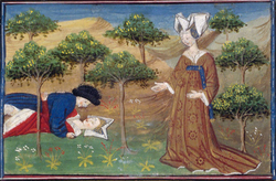 An illustration of the Vulgate Lancelot shows Morgan discovering her unfaithful lover with another lady at the Vale of No Return (c. 1480)