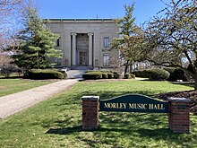 Helen Rockwell Morley Memorial Music Building, built in 1927, on the campus of Lake Erie College. Morley Music Hall with sign.jpg