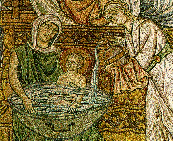 A mosaic from Daphni Monastery in Greece (c. 1100), showing the midwives bathing the new-born Christ.