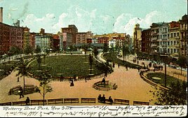 Mulberry Bend Park c. 1912, established in part due to the efforts of photojournalist Jacob Riis Mulberry Bend Park New York City.jpg