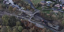 An aerial view of Nob End locks showing the first Bolton bridge dug out and a dam being built across the Bury arm