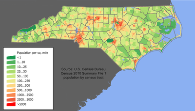 Map showing the population density of North Carolina North Carolina population map.png