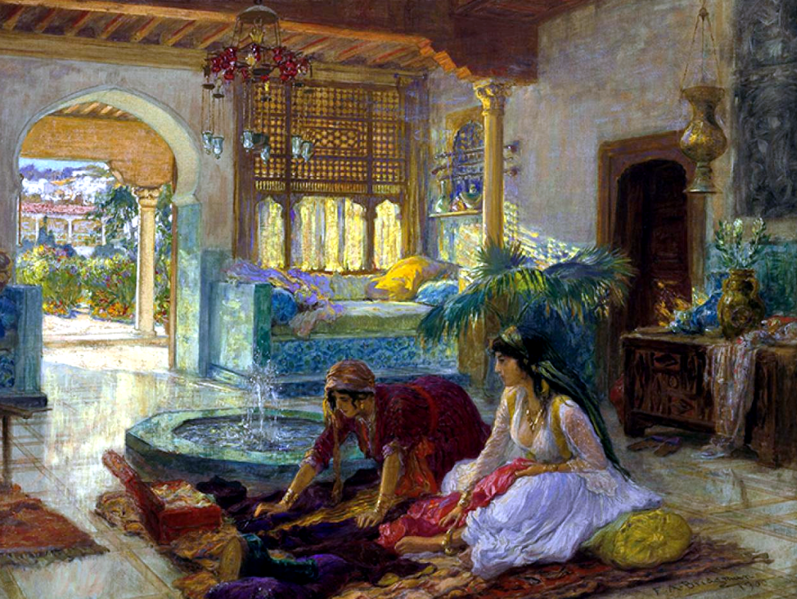 File:Orientalist interior by Nedjma Hadjer after Frederick Arthur Bridgman 1900 - ccsa4.0 cropped white-balanced resized by Kathleen Vail.png