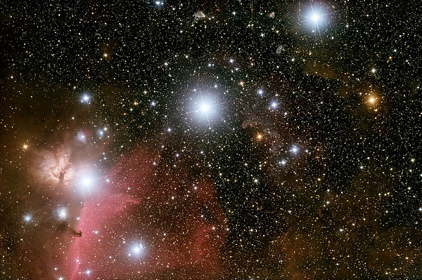 Orion's Belt (composed of the three brightest stars shown), Mintaka being the rightmost, on the west side