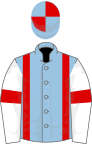 Light blue, red braces, white sleeves, red armlets, light blue and red quartered cap