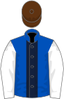 Royal blue, dark blue stripe, white sleeves, brown cap