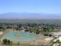 The town of Pamukkale, at the foot of the hot springs