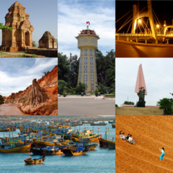 По часовниковата стрелка: Кула Po Sah Inư, Вода на кулата Phan Thi Tht, Мост Lê Hêng Phong, Статуя на победителя, Пясъчни дюни Mũi Né, M ,i Né Boating, Suối Tiên Phan Thiết