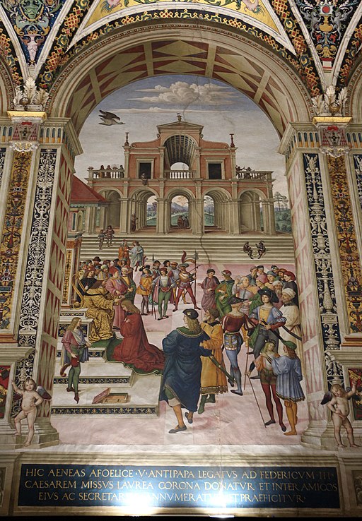 Pinturicchio, Libreria Piccolomini,	Enea Silvio incoronato poeta dall'imperatore Federico III, Siena, Duomo