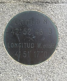 Placa de latitude na porta da Facultade de Xeografía e Historia da USC, referida ó observatorio Astronómico de Madrid.
