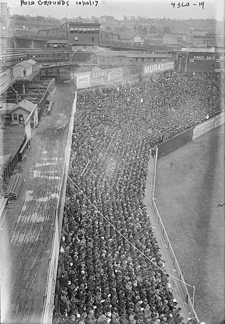 The Polo Grounds left field foul line with guide rope, as seen from upper deck, 1917