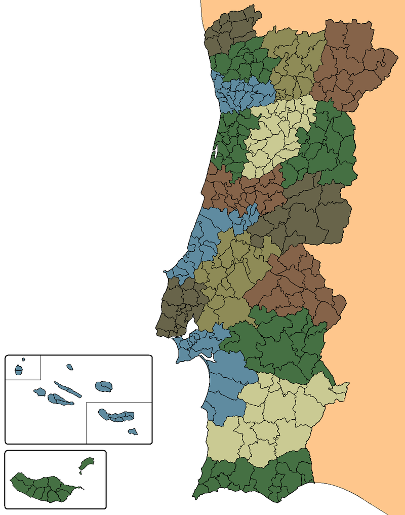 The detailed map of the Portugal with regions or states and cities