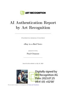 The AI Report includes an AI-determined authenticity probability, analytical heatmaps, brushstroke visualizations, and outlines the methodology and historical context. REPORT example Cezanne Boy in a red vest ENGLISH. ENCRYPTED.pdf