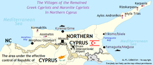 Locations of the remaining predominantly Orthodox Greek Cypriots and Catholic Maronite Cypriots in Northern Cyprus. Remained Greek and Maronite Cypriots.png