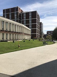 Teraanga Commons (formerly Residence Commons), Glengarry House, and Frontenac House viewed from the Residence Quad ResidenceBuildings Carleton 2019.jpg