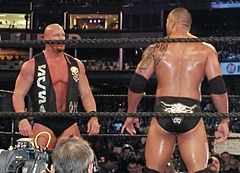 The Rock defeated Stone Cold Steve Austin (left) in Austin's final match at WrestleMania XIX in March 2003.