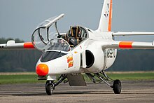 S-211 taxiing with an open cockpit SIAI-Marchetti S-211 at Rechlin-Larz Airfield.jpg