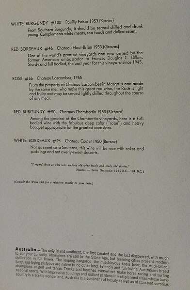 SS Monterey – Dinner menu wine list for 6th October 1959.