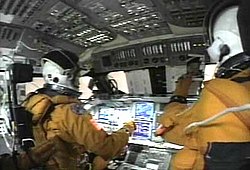 Space Shuttle Columbia disaster: The glow of reentry as seen out the front windows STS-107 Cockpit Video 3.jpg