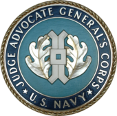 Assistant judge advocates general of the Navy can retire with a tombstone promotion to one-star admiral or general. Seal of the United States Navy Judge Advocate General's Corps.png