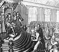 ภาพวาดฝรั่งเศสที่แสดงทูตสยามสวมครุยขุนนางและ ลอมพอก ขณะนำเสนอพระราชสาส์นของสมเด็จพระนารายณ์มหาราชให้กับพระเจ้าหลุยส์ที่ 14 แห่งฝรั่งเศสใน ค.ศ. 1687