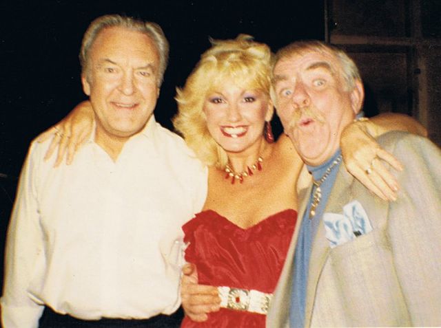 Sinden (left) during filming of Never the Twain, with Windsor Davies in the 1980s.