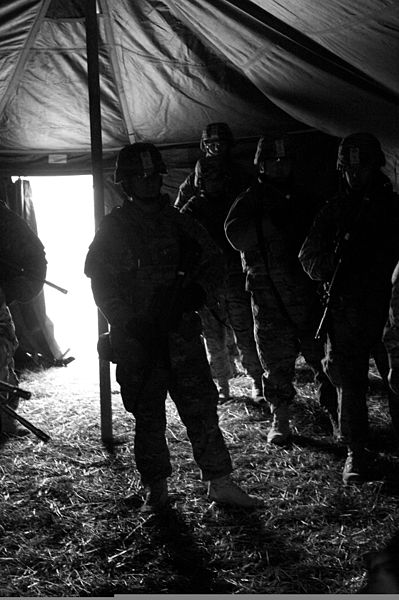 File:Soldiers with the headquarters element of the 76th Infantry Brigade Combat Team assemble prior to a base defense exercise at the Camp Atterbury Joint Maneuver Training Center, in Edinburgh, Ind., Feb 120209-A-PX072-200.jpg