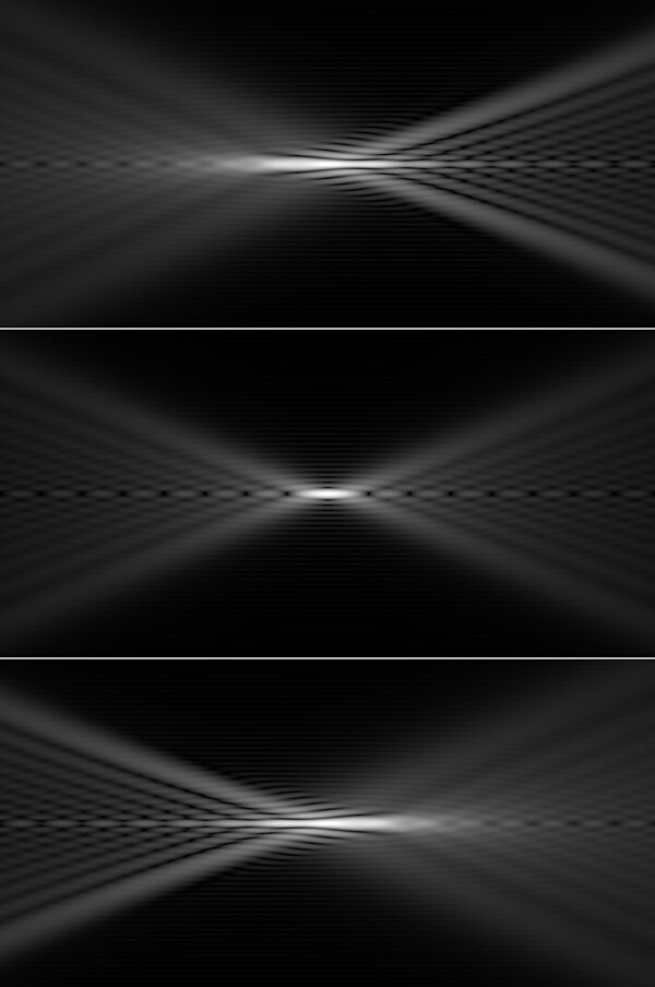 Longitudinal sections through a focused beam with negative (top row), zero (middle row), and positive spherical aberration (bottom row). The lens is t