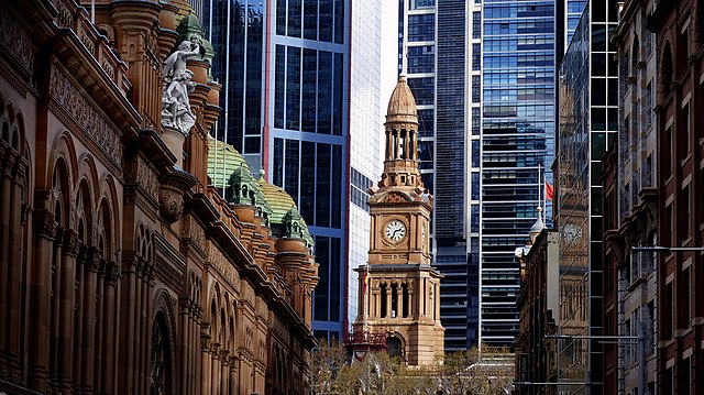 Victorian sandstone buildings juxtaposed with modern skyscrapers