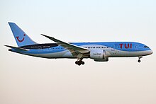 A TUI Airways Boeing 787-8 on approach in Phuket (2019). TUI, G-TUID, Boeing 787-8 @ Phuket, Feb 2019.jpg