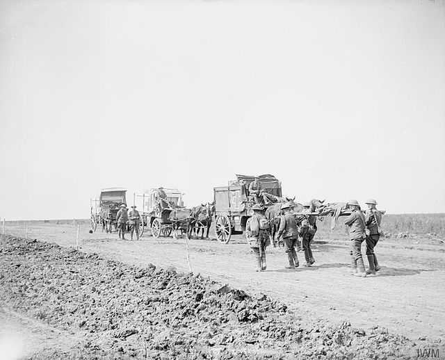 Horse ambulances of the 2/1st London Field Ambulance, Royal Army Medical Corps of the 56th Division on a track running east of Maricourt-Montauban Roa