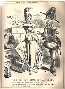 Punch cartoon, 18 August 1866. The goodwill tour of the monitor USS Miantonomoh to Britain caused a stir with the mid-Victorian public, who felt that the Americans had forged ahead with turret-ships while the Admiralty dithered with a 'Fleet of the Future'. Coles responded by insisting that even a large, fully-masted turret-ship should have the same stealth-like qualities and minimal target profile as a monitor. The Critic.jpg