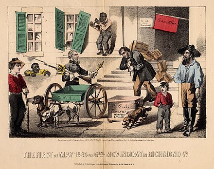 The First of May 1865 or Genl. Moving Day in Richmond Va, political cartoon, Kimmel & Forster, New York, 1865. The image depicts Confederate leaders packing up their belongings as they prepare to flee Richmond to avoid U.S. forces, with a slave watching on contemptuously.