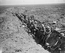 Attack on Moyenneville. Men of the Grenadier Guards consolidating the former German second line. Near Courcelles, France, 21 August 1918. The Hundred Days Offensive, August-november 1918 Q6984.jpg