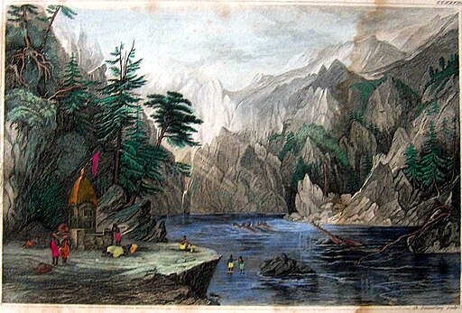 The source of the Ganges, at Gangotri, has long been a place of pilgrimage; a steel engraving from 'Meyer's Universum', c.1850