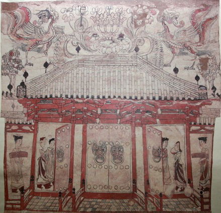 A tomb mural of Xinzhou, China dated to the Northern Qi (550–577 AD) period, showing a hall with a tiled roof, dougong brackets, and doors with giant door knockers (perhaps made of bronze)