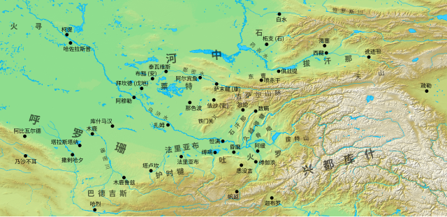 Geophysical map of southern Central Asia (Khurasan and Transoxiana) with the major settlements and regions