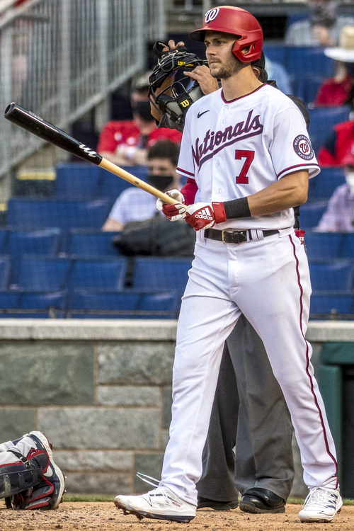 Trea Turner steps to the plate from Nationals vs. Braves at Nationals Park, April 6th, 2021 (All-Pro Reels Photography) (51101638044) (cropped).png