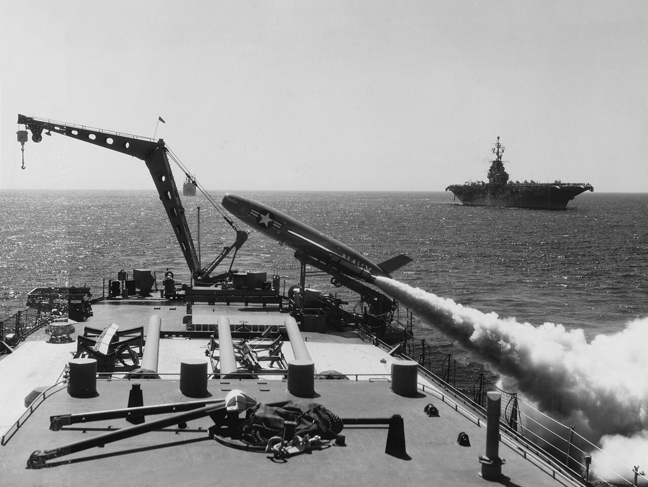 <em>A Regulus is fired from heavy cruiser USS </em>Los Angeles<em> (CA-135) (U.S. Navy)</em>